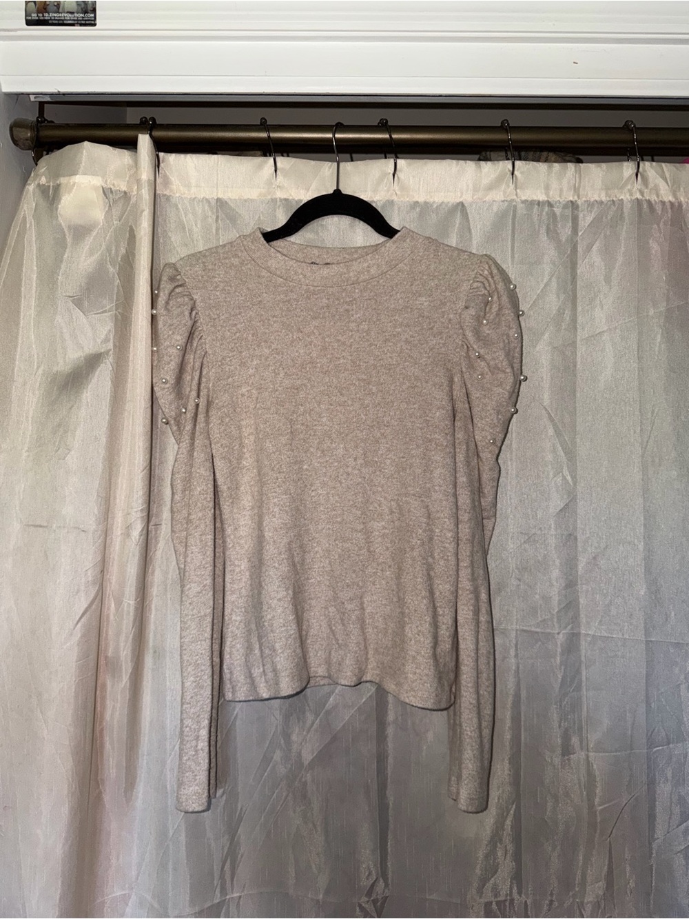 Zara Pearl-Trim Puff Sleeve Sweater - Light Taupe